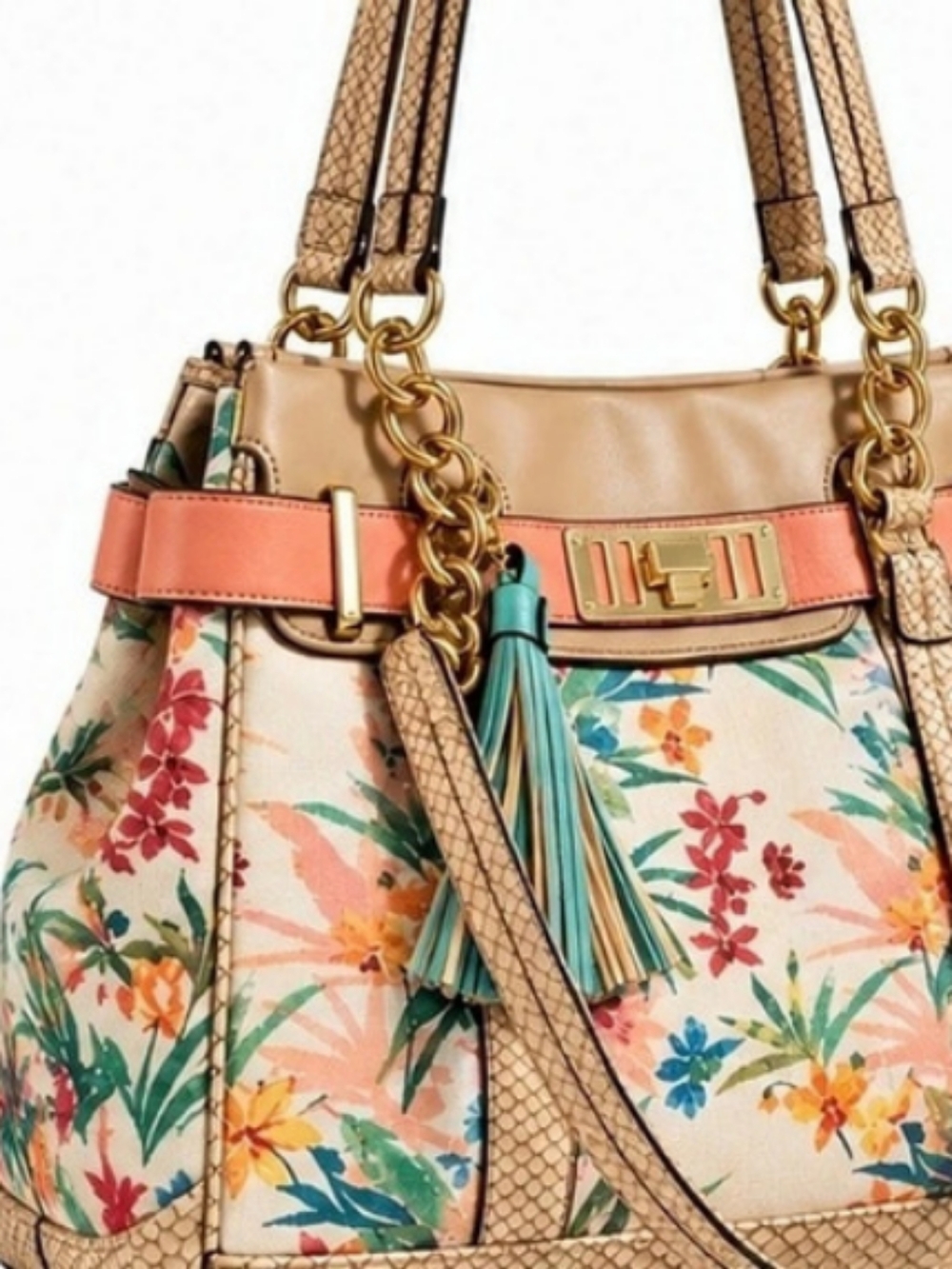 Floral Tote Handbag Faux Snakeskin Trim Gold Hardware Tassel Shoulder Bag